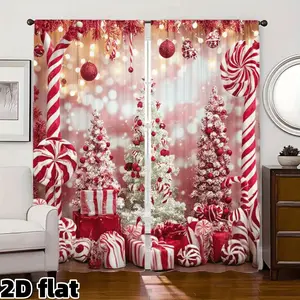 2D Flat 2Pcs Christmas Candy Cane Tree Pattern Curtains, Red White Festive Holiday Design, Rod Pocket Semi Sheer Drapes, Perfect for Living Room Bedroom Window Treatment, Winter Party Home Decor, Xmas Gift Window Accessory, Net Curtains Window
