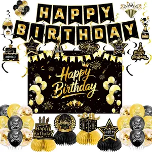 Black Gold Birthday Decorations for Men Women, Pre-Strung Happy Birthday Banner with Backdrop, Balloons, Honeycomb Centerpieces & Streamers Kit
