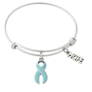 Light Blue Awareness Ribbon Bracelet – Adjustable Silver Bangle with Hope Charm