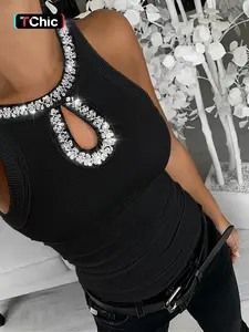 Women's Plain Sequin Decor Cut Out Tank Top, Casual Sleeveless Top for Spring & Fall, Ladies Clothes for Daily Wear
