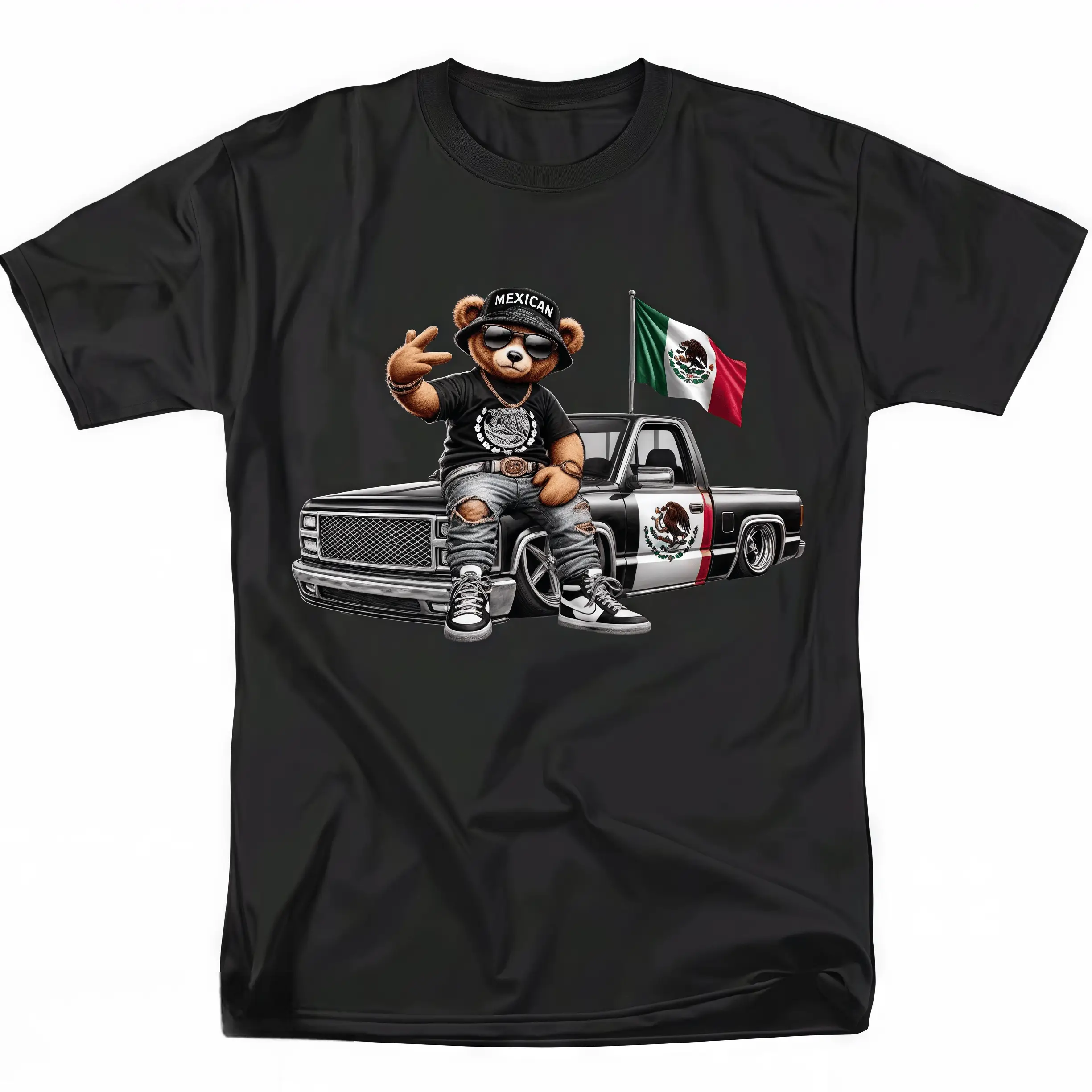 HAGBDH Mens Fashionable Crew Neck T-Shirt - Comfortable Fit, Slight Stretch, PatternedPrint Mexican Bear with Truck and Flag Tee Stand Out,Casual Sho