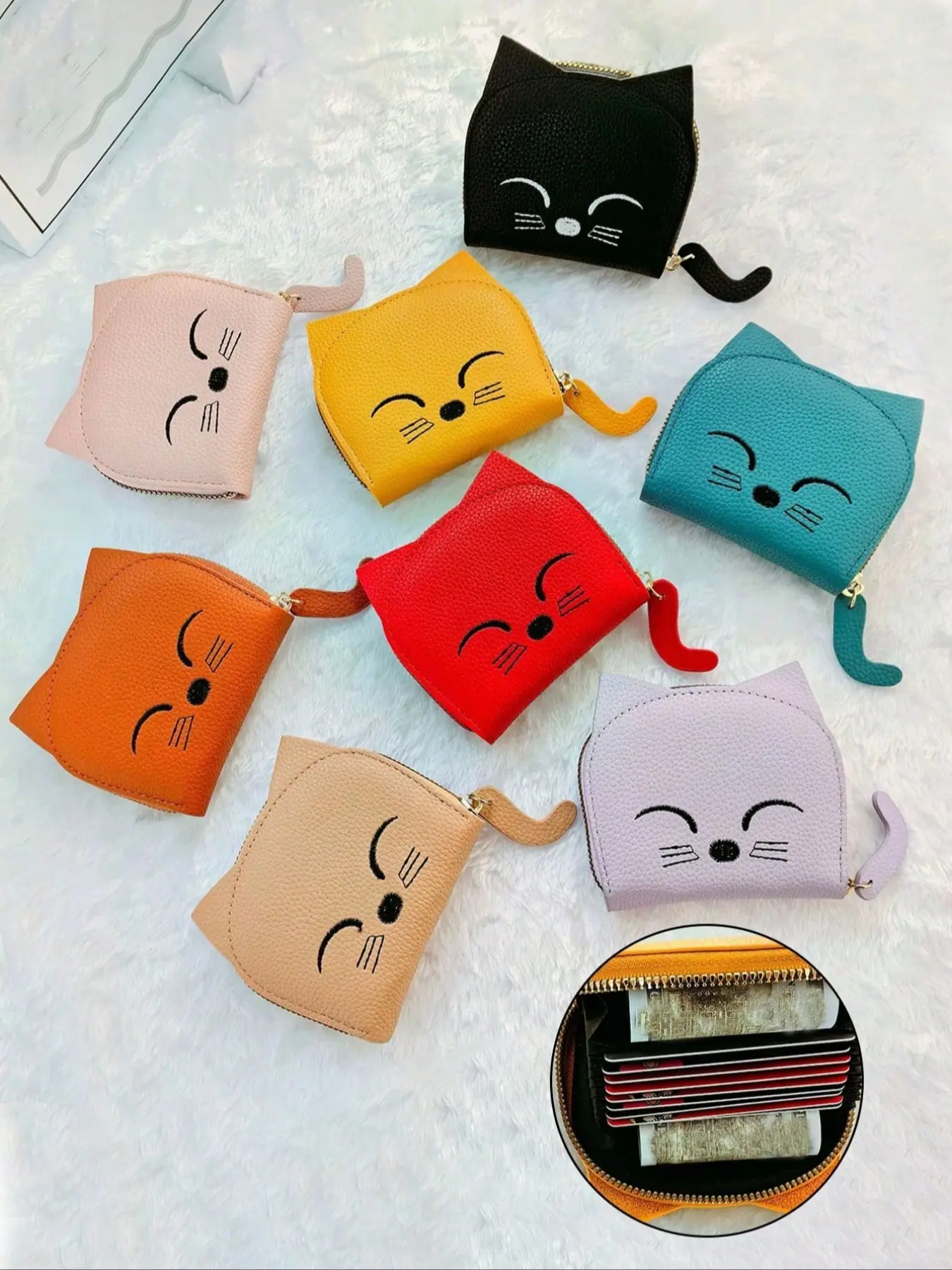Cartoon Cat shaped design Wallet, Zipper Wallet Design, Women's Multi-card slots Holder, Cute Faux Leather Coin Purse, Cat Card Bag for Women, Multi slot card pack, Multiple colors available, A small gift for family & friends