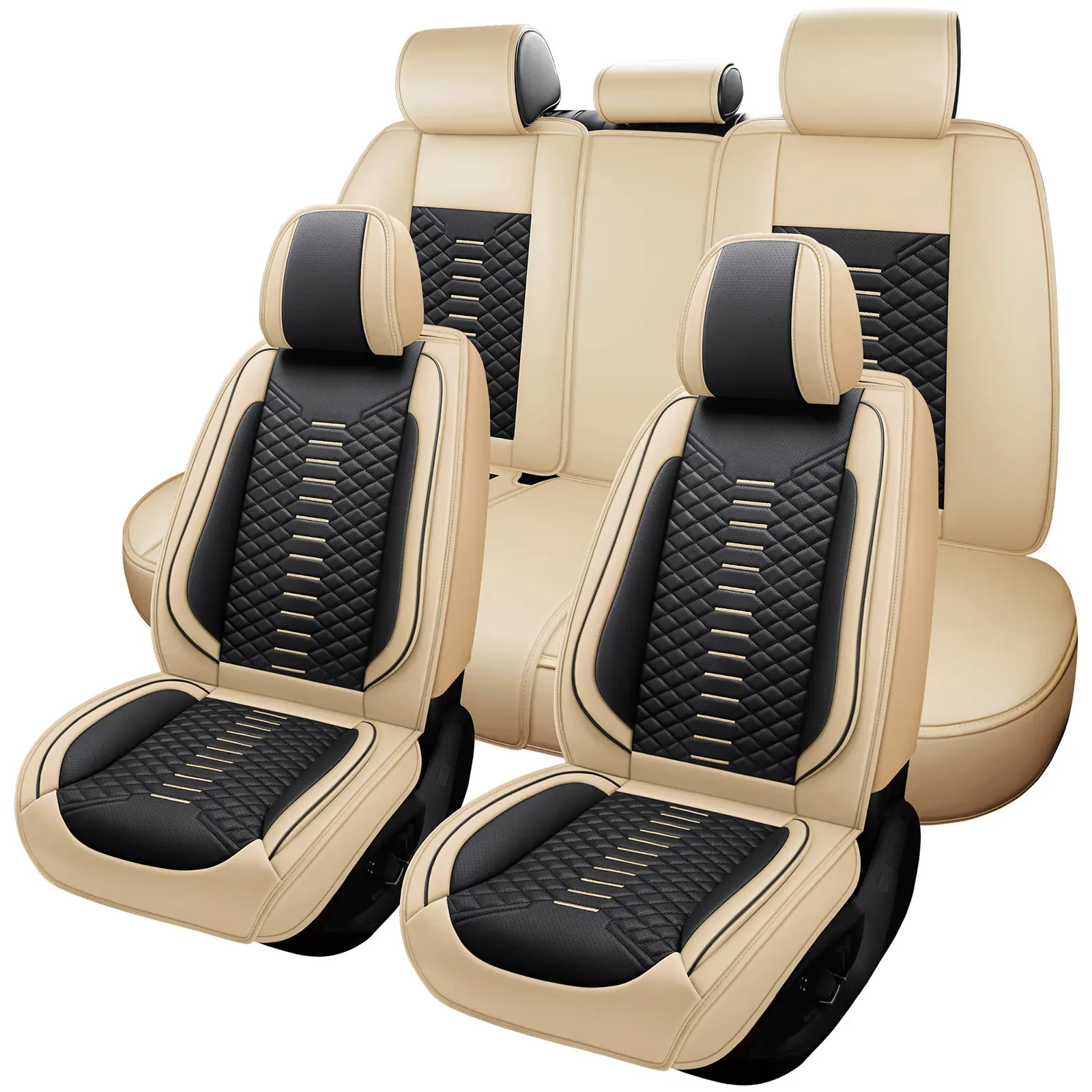 OTOEZ Universal 5-Seat Beige Nappa Leather Car Seat Covers, Waterproof, Easy-to-Install Luxury Protector for Cars, SUVs, Automotive Interior Accessories Upholstery