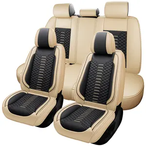 OTOEZ Universal Beige Nappa Leather Car Seat Cover 5 Seats Full-Cover Waterproof Easy Install for Cars SUVs with Storage Luxury Protector