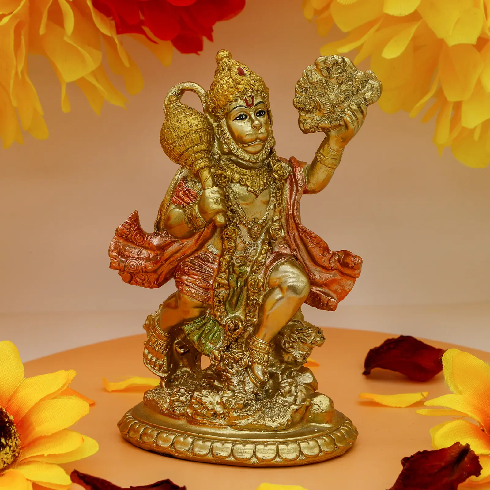 Antique Stone Hindu God Flying Hanuman Religious Figurine - Non-Toxic, Durable Home Temple Mandir Decor, Painted Fengshui Pooja Ornament, Indian Wedding Gift with Gift Box for Study (Statues & Bobbleheads Category)