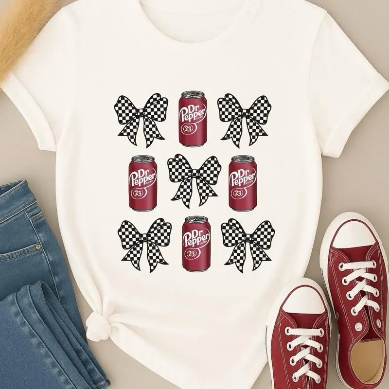 Dr Pepper Bows Shirt - White T-Shirt with Dr Pepper 73 Logo and Checkered Bow Design for Casual Wear Womenswear Crewneck Shortsleeve Top