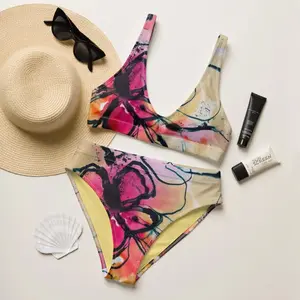 Women Abstract Watercolor Paint Splash Bikini Set Pink Orange High Waist Two Piece Swimsuit Artistic Summer Beach Festival Vacation Sunbathing Trendy Cute Aesthetic Swimwear Her