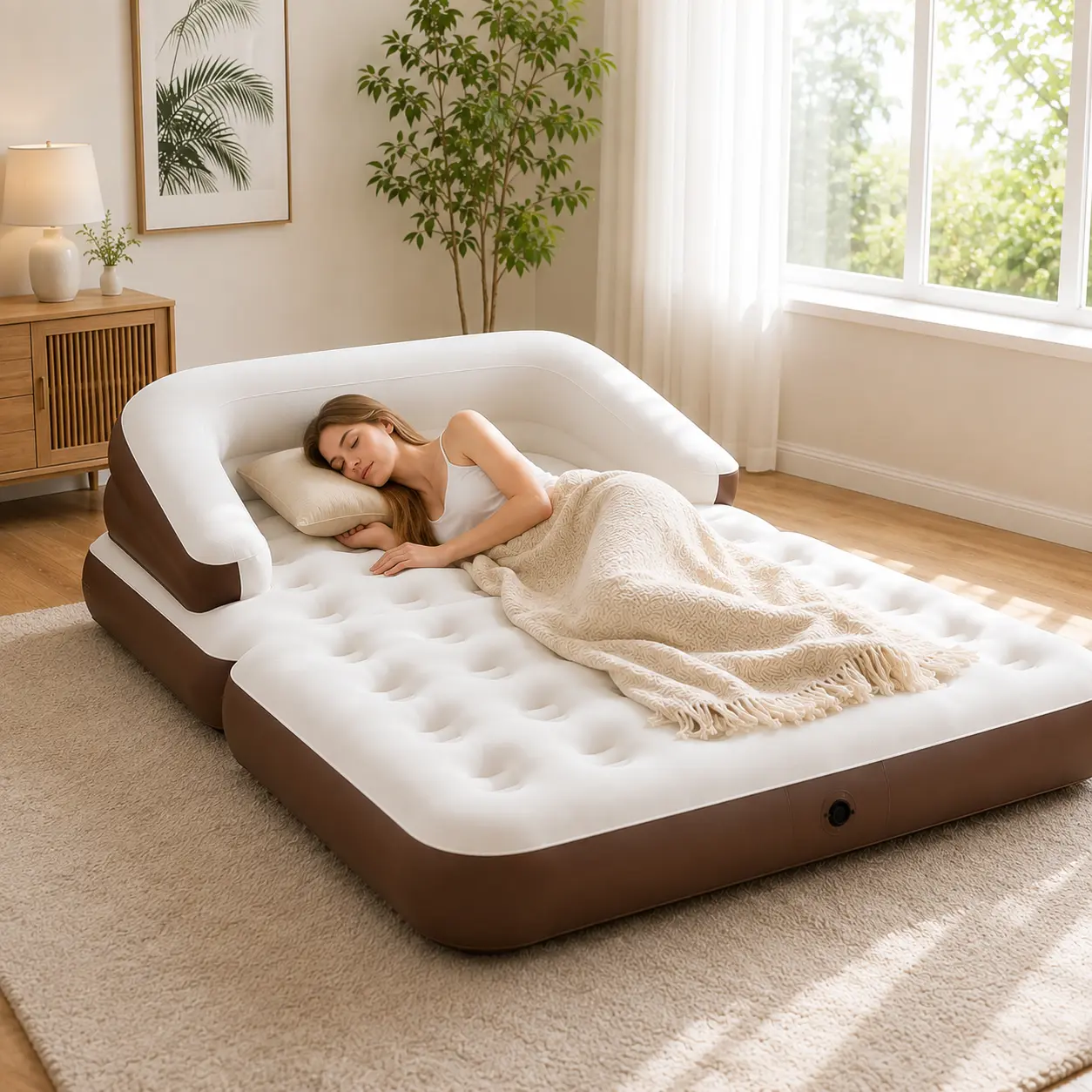 5-in-1 Foldable Convertible Inflatable Sofa Bed - Ergonomic High-Back Air Couch Sleeper with Free Air Pump, Portable Indoor Furniture for Camping, Guest Accommodation