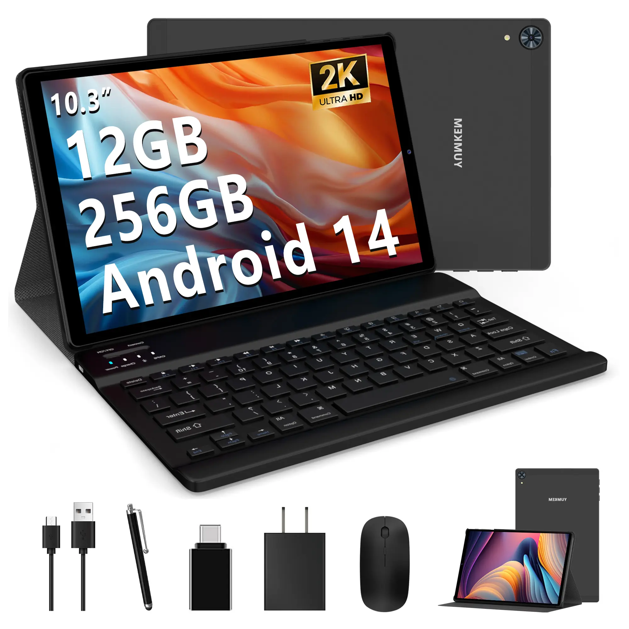 10.3 Inch Android 14 Tablet with Keyboard, Mouse, Stylus & Case, Octa-Core Processor, 12GB RAM (6GB+6GB Expand) + 256GB Storage, 1920 x 1200 FHD Display, 8000mAh Battery, Dual WiFi, Bluetooth 5.0, GPS, WiFi Tablet