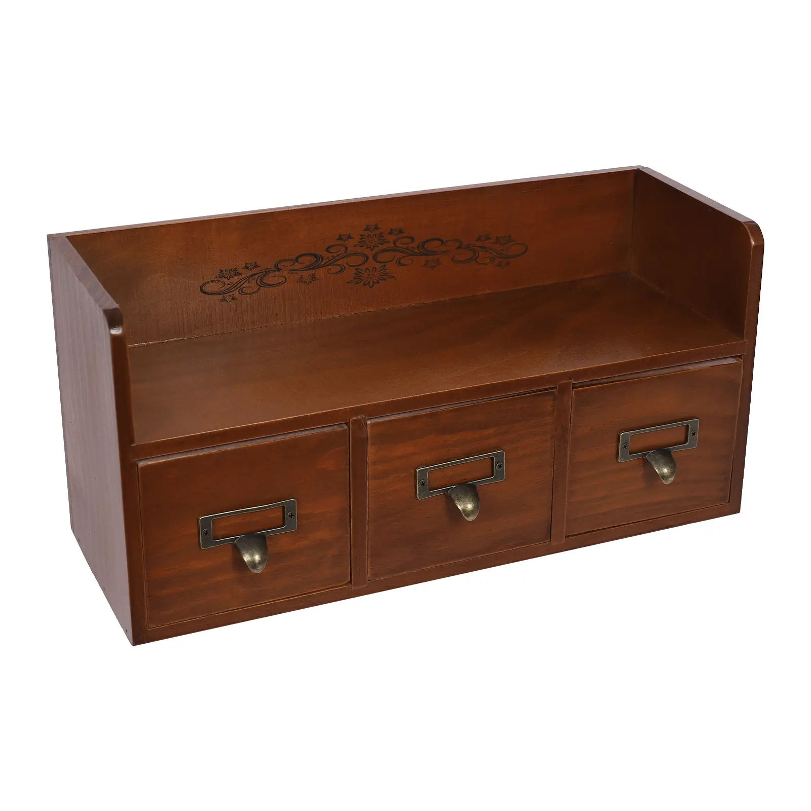Vintage Brown Pine Wood Rectangular Desktop Storage Cabinet - 3 Zinc Alloy Finish Drawers, Hand-Sanded, No Assembly Required - Home Office Desk Organizer for Stationery, Cosmetics