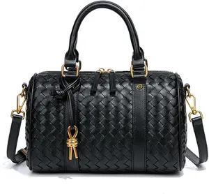Women's Luxury Vegan Leather Woven Boston Barrel Crossbody Handbag