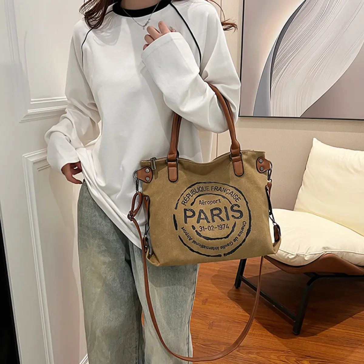 Paris Letter Canvas Tote Bag for Women – Fashion Large Capacity Shoulder & Hand Tote, Retro Casual Commuter Bag