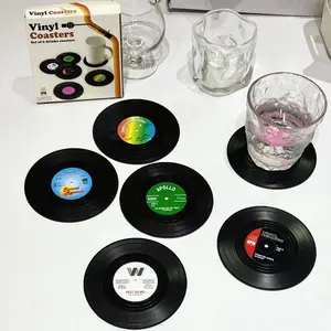 Retro Vinyl Record Coaster Set - 6pcs Non-Slip & Heat Resistant Cup Pads for Table Protection - Quirky Music Lover Gift for Home and Office