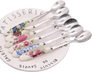 6 Pack Stainless Steel Coffee Spoon Ceramic Handle Teaspoon Sugar Ice Cream Desert Spoon Stirring Soup Tableware