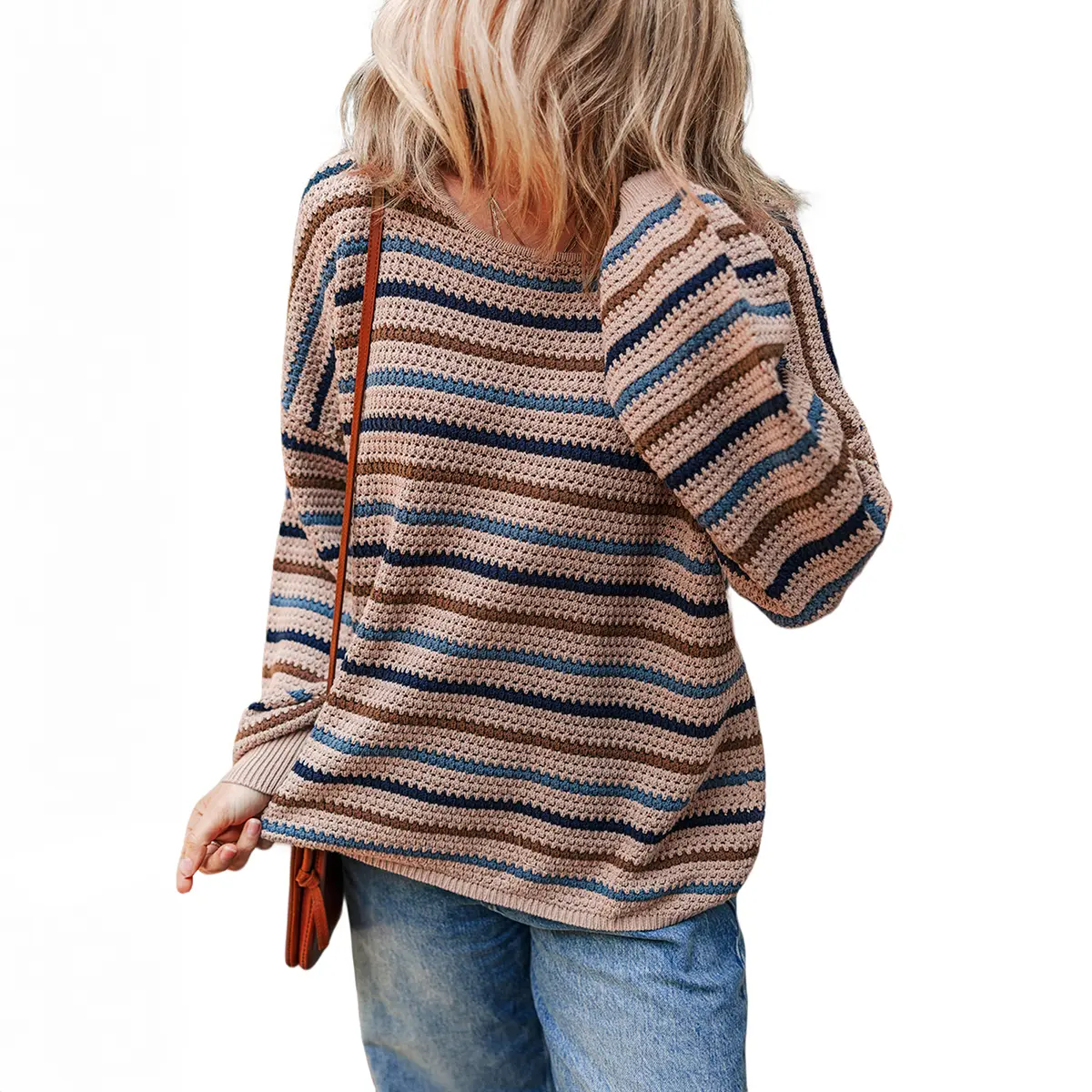 Mntaor Women's Winteroutfit Striped Crew Neck Sweaters Long Sleeve Drop Shoulder Knit Tops Casual Style Knitted Tops for Women