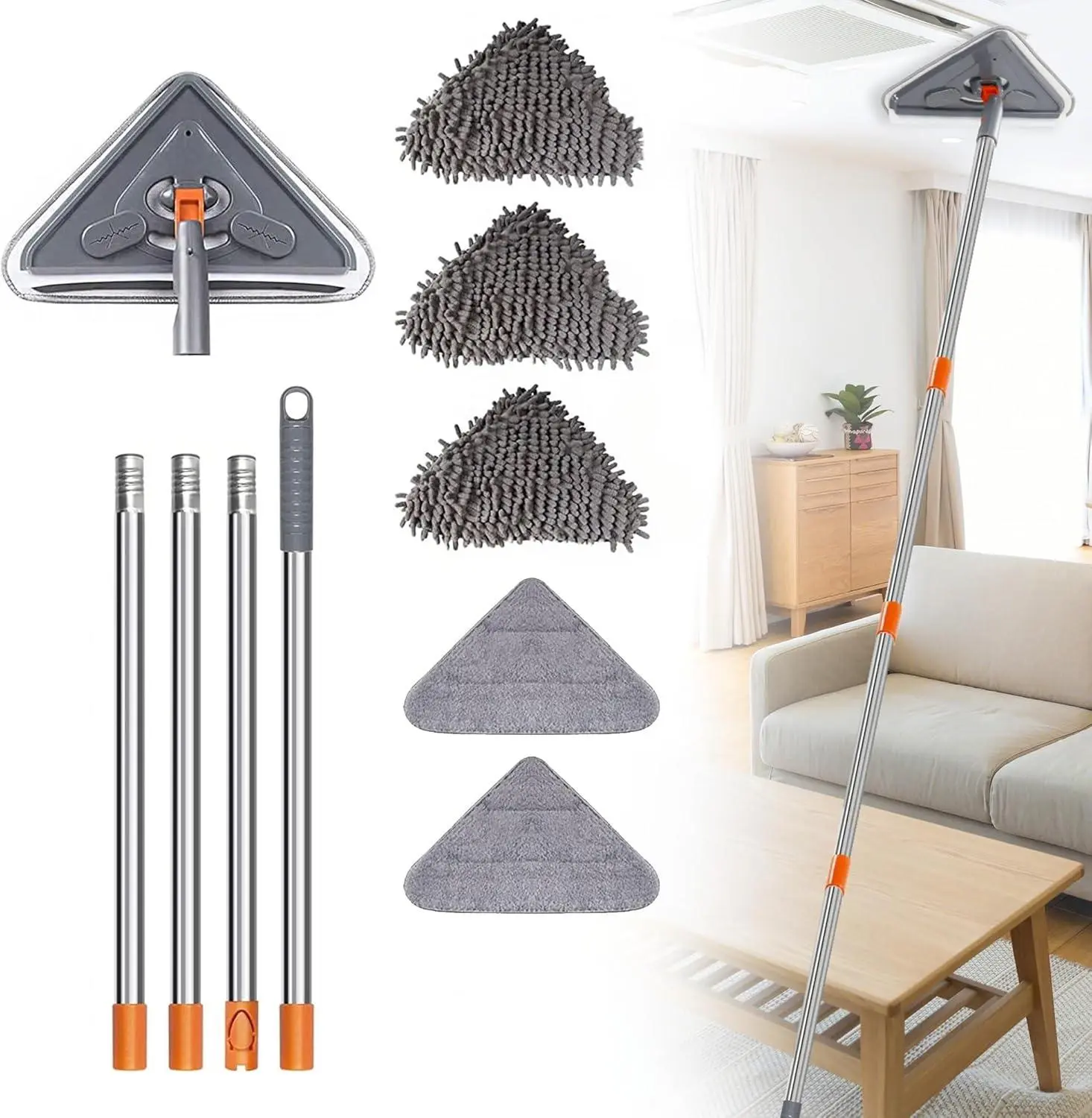 [Adjustable Mop] Ceiling/Wall Mop, Includes 1 Mop And 5 Cloth Covers, an Adjustable Mop Suitable for Dusting, Ideal for Cleaning Floors, Walls, Tiles, Glass, And Cars triangle  mop