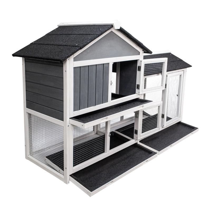 Large Multi-Level Wooden Rabbit Hutch with Run, Spacious Indoor/Outdoor Bunny Cage, Removable Tray for Easy Cleaning, Pet House for Rabbits, Guinea Pigs & Small Animals