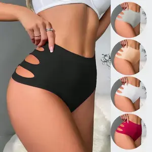 Women's Seamless High-Waisted Briefs - Lady's Solid Mid-Waist Stretch Lingerie, Sexy Elegant Underwear, Belly & Hip Support, Hollowed-Out Breathable Design for Yoga, Plus-Size Option