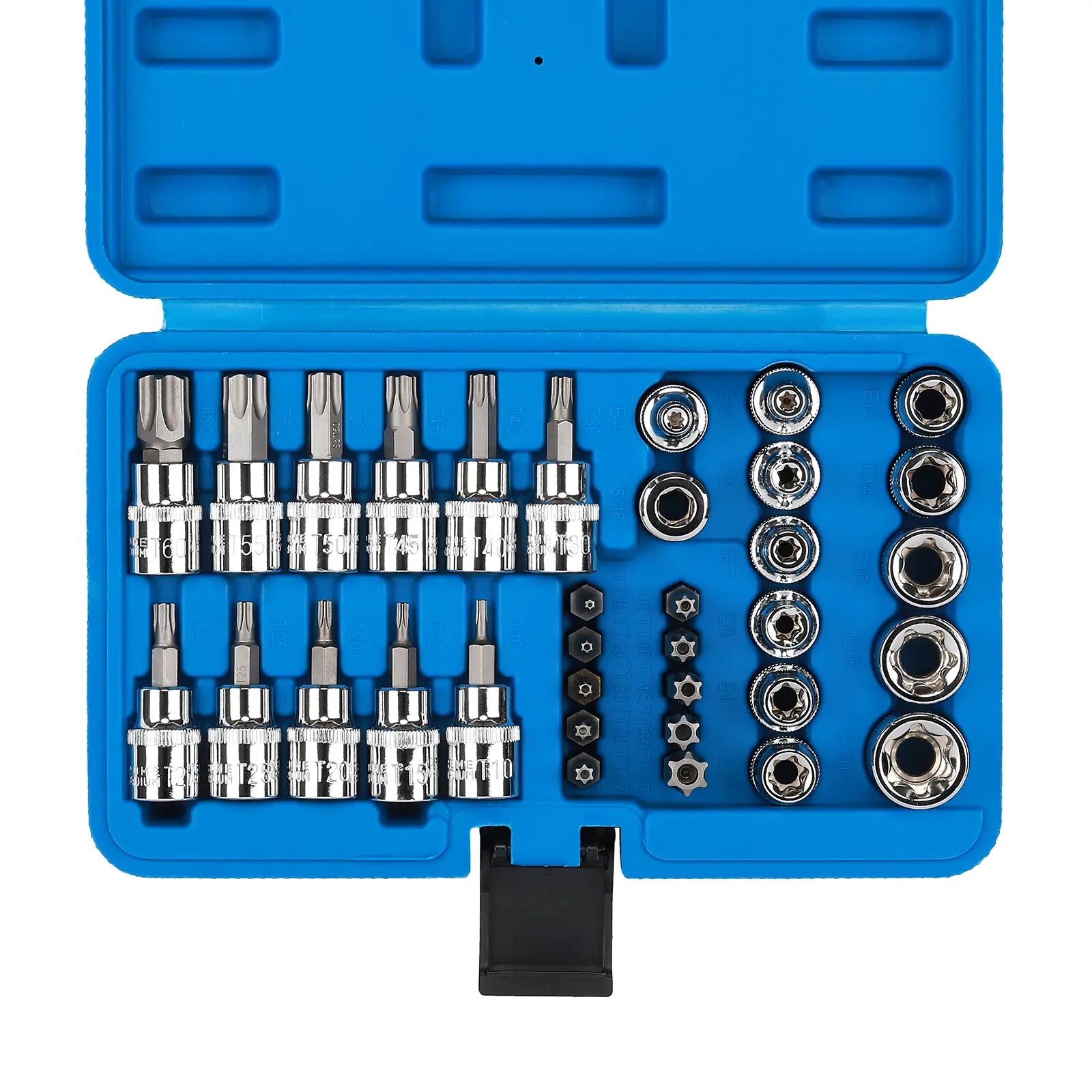 CASOMAN 34-Piece 3/8-Inch Drive Torx & E-Torx (Star) Socket Set - Cr-V Steel (Chrome Vanadium Alloy Steel), Precision-Machined Bits (S2 T10-T60, TT10-TT55 Tamperproof, E4-E20 Series), 5/16"F to 3/8"M Adapter, ANSI Standard, Superior Torque