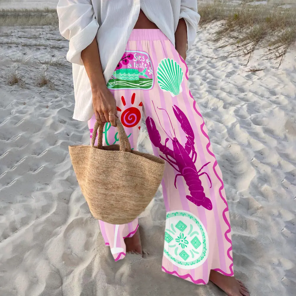 New Drops Vacation Print Wide-Leg Pants "La Dolce Vita" Lobster Design Women Statement Vibrant Holiday Trousers