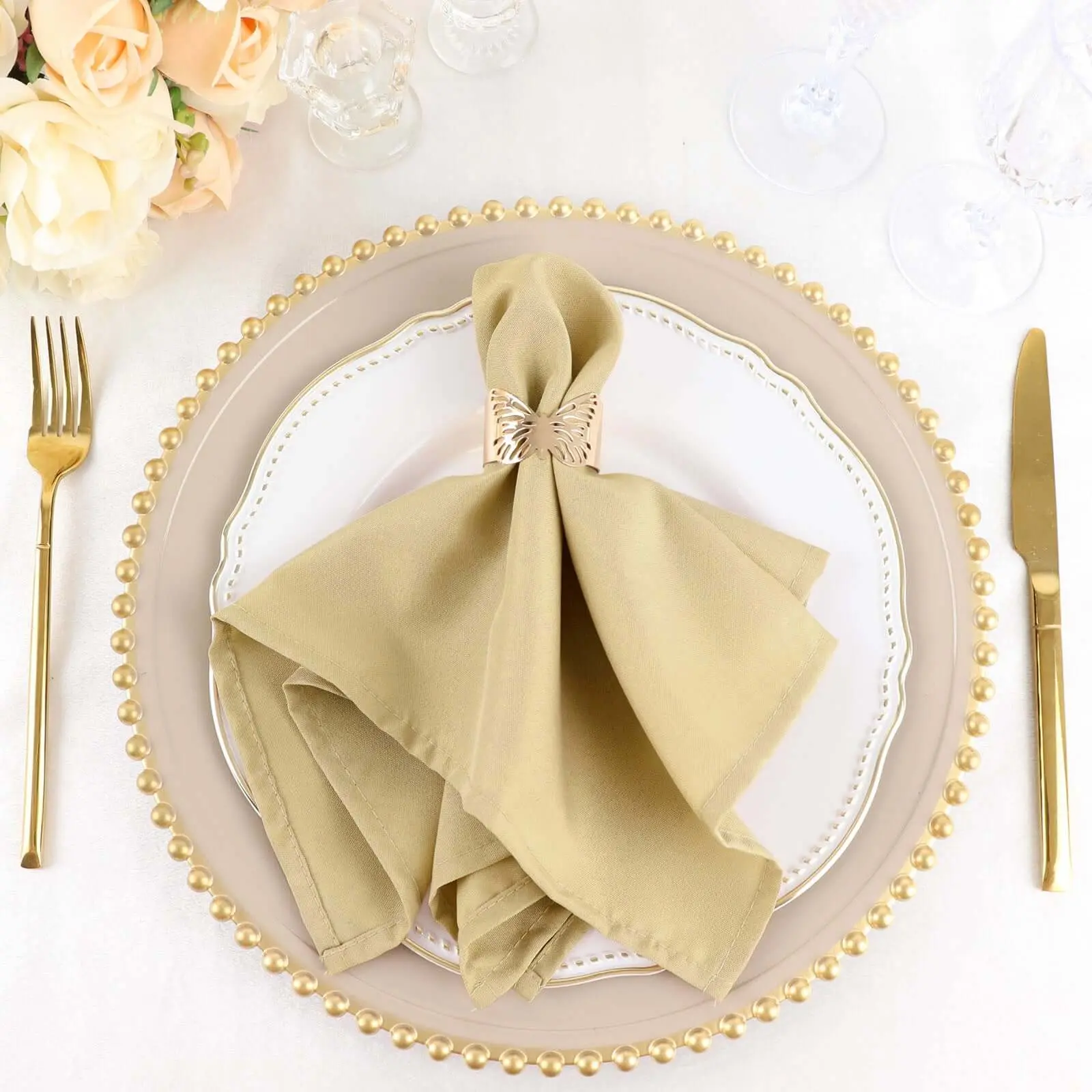 5-Pack 17"x17" Polyester Fabric Packet Napkins, Champagne - Wrinkle Resistant, Easy-Care Tableware for Wedding, Birthday Event
