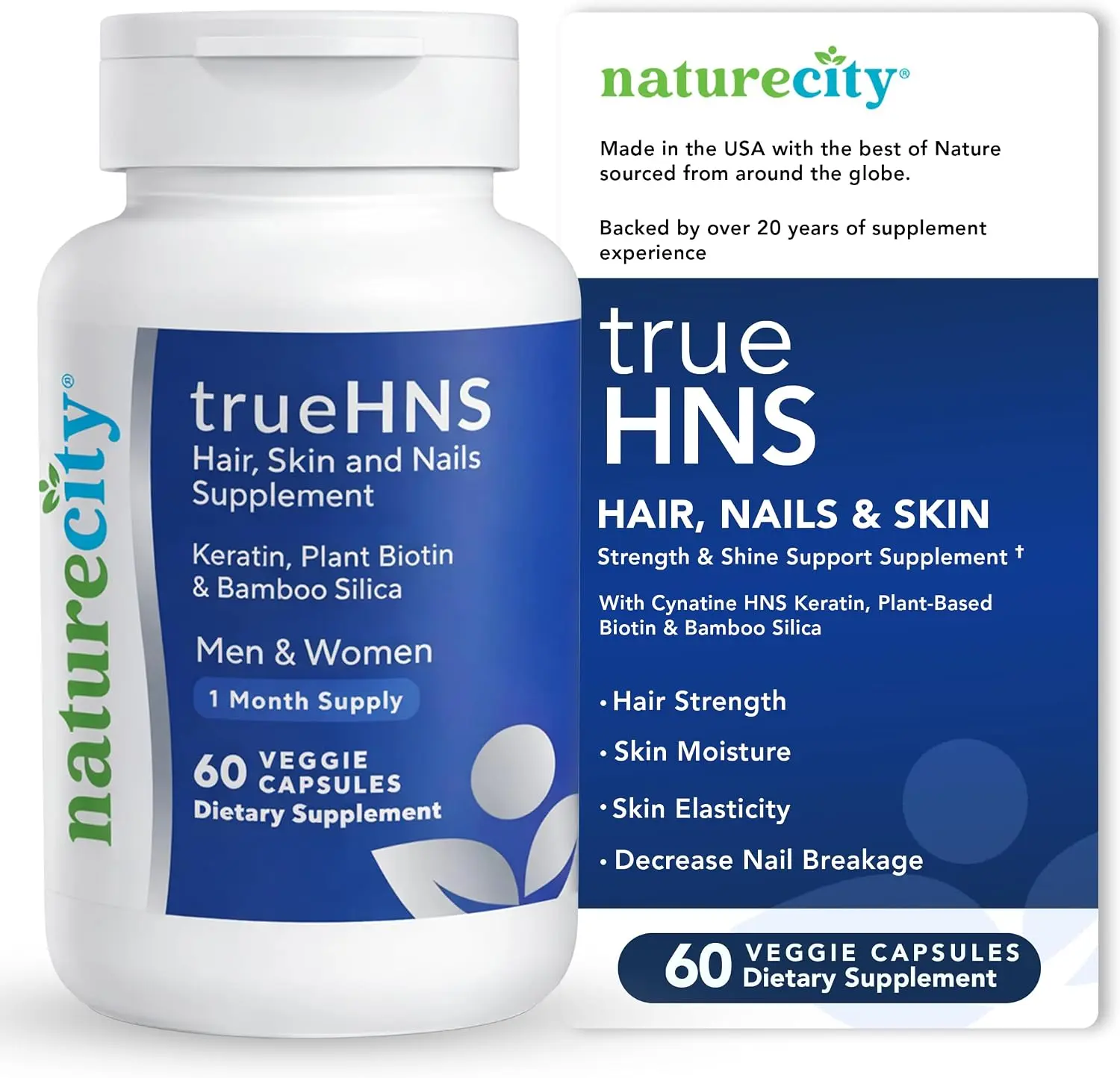 NatureCity TrueHNS Cynatine Keratin Supplement, Helps Support Fuller Hair, Stronger Nails & Skin Elasticity, Plant-Based Biotin, Non-GMO, 60 Veggie Capsules