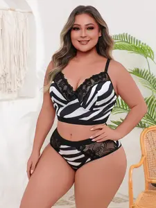 Plus Size Zebra Lace Lingerie Set, Sexy Backless Balconette Bra, High Waist Fitted Underwear, All Seasons Max Support