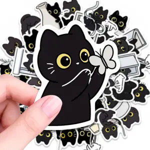 50pcs Cute Black Cat Cartoon Doodle Stickers, Suitable for Scrapbooks, Diaries, Laptops, Water Bottles, Cars, Etc. A Gift with A Positive Message and Based on Beliefs.