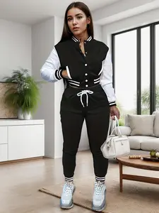 Two-piece Set Women's Colorblock Striped Print Button Front Jacket & Drawstring Adjustable Waist Pants Set, Fit Casual Style Baseball Collar Long Sleeve Pocket Outerwear & Jogger Trousers for Fall & Winter, Ladies Clothes for Daily Wear