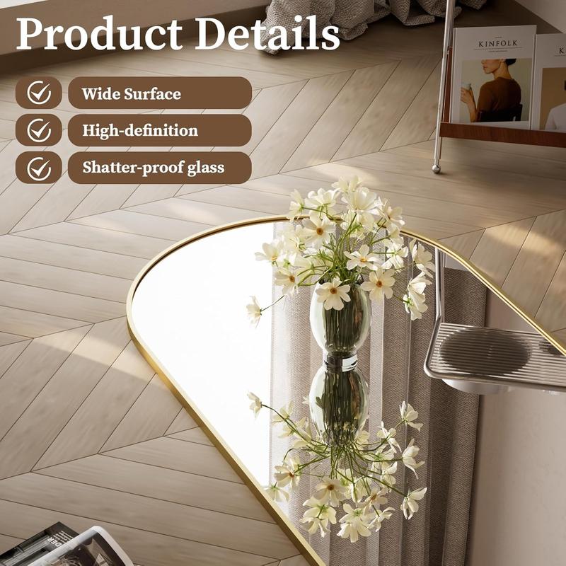 Full Length Mirror, 65"x24" Floor Mirror, Arched Floor Standing Freestanding Arch Full Body Mirrors with Stand for Bedroom, Hanging Mounted for Living Room Cloakroom,Gold