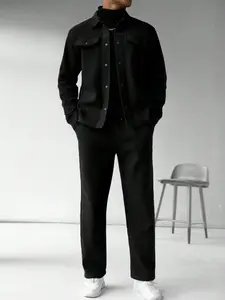 Two-piece men's solid color pocket jacket with the same color drawstring waistband trousers, casual long sleeve jacket and trousers, suitable for men's, outdoor, party daily wear in autumn and winter.