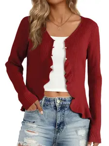 INSPIRE CHIC V Neck Ruffle Stretchy Sweater Knit Bolero Long Sleeve Open Front Shrug Cardigan