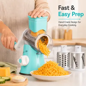 MIUVA Rotary Cheese Grater with Handle, Manual Vegetable Slicer Shredder Grinder, Strong Suction Base, 3 Interchangeable   replaceable  Stainless Steel Blades for Cheese, Vegetables, Nuts and Chocolate kitchen Veggie Chopper Onion Dicer
