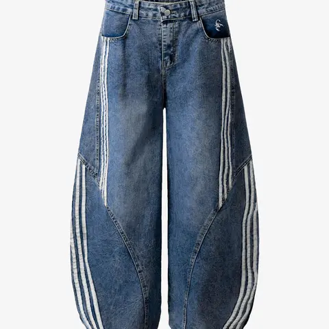 Supermade Women's Contrast Stripe Barrel Jeans - Diagonal Stitch Wide-Leg Streetwear Clothing with Pocket, Back to School Essential, Women's Jeans