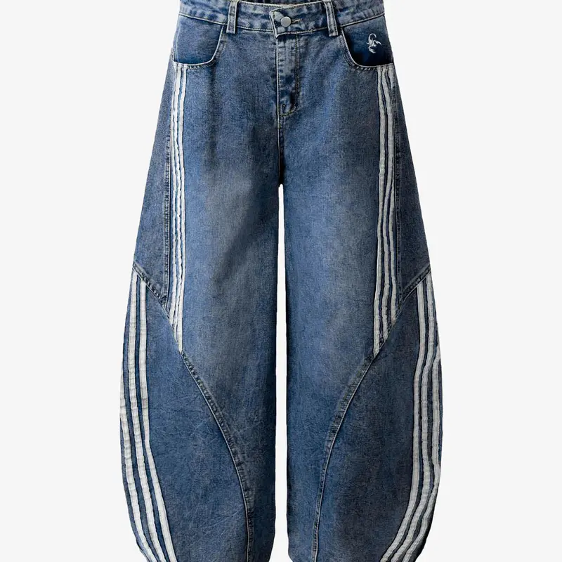 Supermade Women's Contrast Stripe Barrel Jeans - Diagonal Stitch Wide-Leg Streetwear Clothing with Pocket, Back to School Essential, Women's Jeans