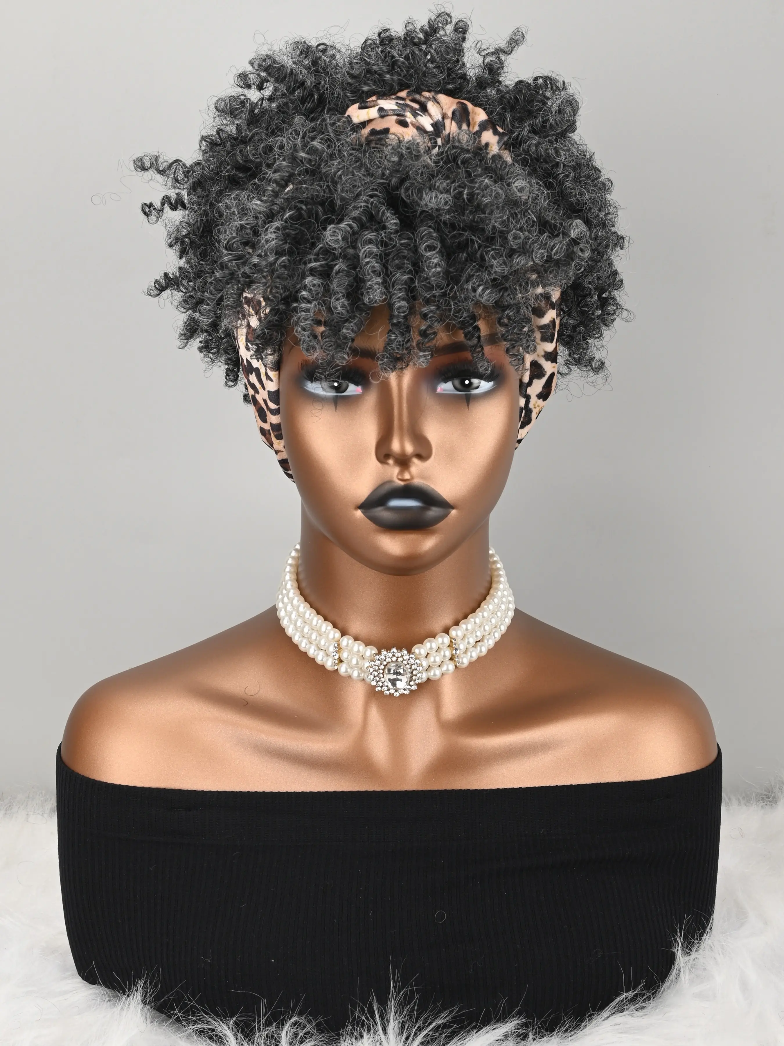Women Leopard Print Hairband-Style Wig Set, Curly & Wavy Artificial Short Hair, Synthetic Machine Wigs, Headscarf-Style Wigs, & Options