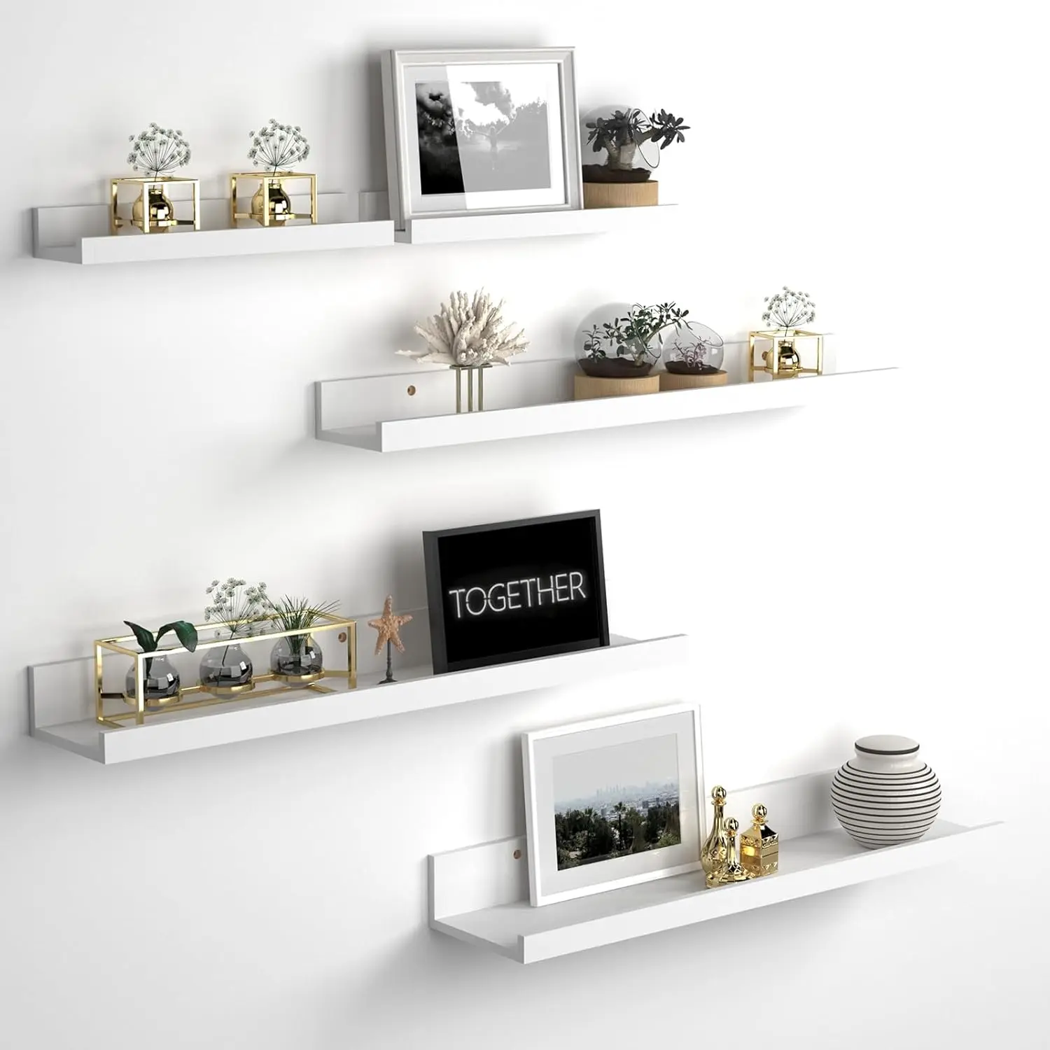 5-Piece 24-Inch U-Shape Synthetic MDF Wall-Mounted Floating Shelves, White Picture Ledge with Easy Installation for Bathroom, Bedroom Storage & Home Decoration