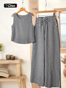 Women's Fashion Sleeveless Round Neck Plaid Vest and Tie Waist Pants Set, Casual Elegant Daily Wear, 2-Piece for Everyday Style, Womenswear