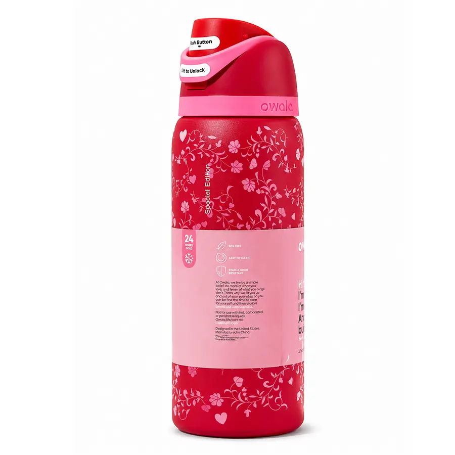 Owala 32oz Floral Water Bottle with Straw, Red Flower Print Stainless Steel Vacuum Insulated FreeSip Bottle, Leak Resistant Sports Bottle for Women Gym School Travel & Daily Hydration