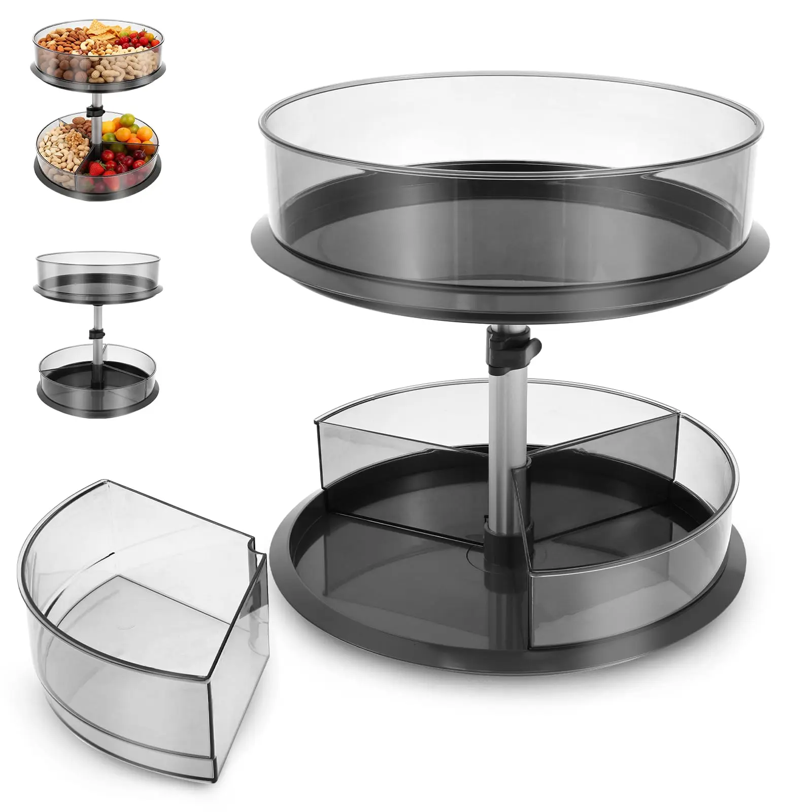 Natural Summertime 11-Inch Round Lazy Susan Organizer, 360° Rotating Space-Saving 2-Layer Plastic Kitchen Storage Turntable with 4 Removable & 3 Divided Bins, Durable Transparent Adjustable Spice Rack for Countertop
