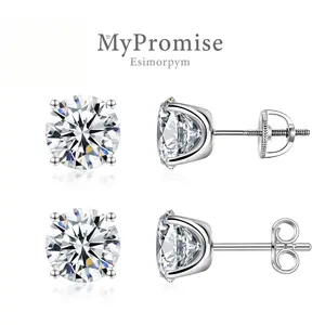 S925 Solitaire Four Prong Earrings Butterfly/Screw Back D Color VVS Moissanite Stud Earrings Daily Costume Jewelry Accessories Perfect for Any Occasion & Everyday Wear Birthday Anniversary Gift for Women