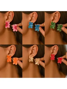Country-style, fresh and sweet, colorful flower petal stud earrings, elegant dopamine-shaped flower drop earrings, leaf-shaped earrings