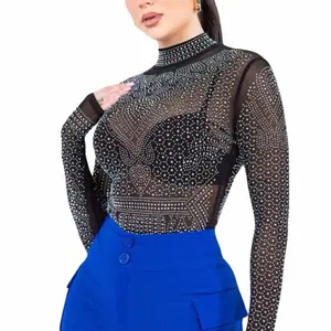 Mindi Rhinestone Mesh Bodysuit - Fashion Long Sleeve Bodysuits Tops