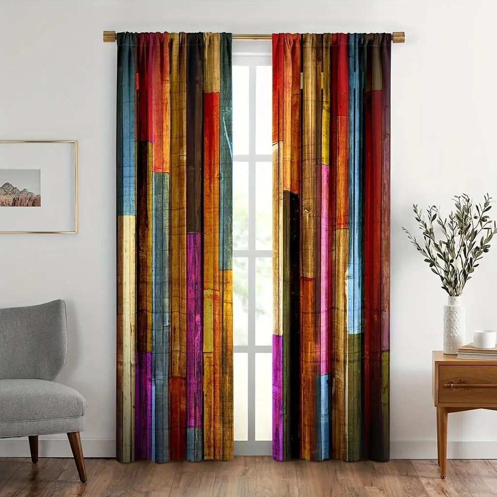Colorful Painted Wood Pattern Curtain, 2 Counts/set Rustic Western Country Style Window Curtain, Home Decor for Living Room Bedroom