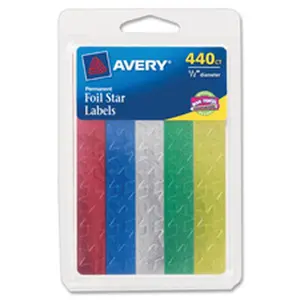 Avery AVE06007 Foil Star Stickers- .5 in.- 440-PK- Red-GN-Gold-Silver-BE