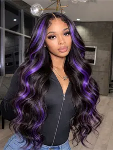 28" Black Body Wave Wig with Purple Highlights 13x4 HD Lace Front Pre-Plucked Hairline Heat-Resistant Synthetic Hair Free Parting for Women Party & Daily Wear