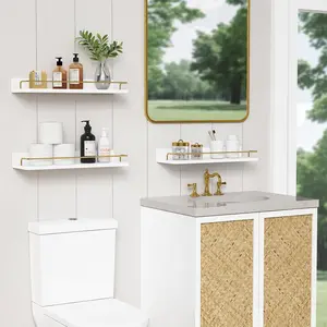 Gold Floating Shelves for Wall Decor Set of 3, Bathroom Shelves Over Toilet, Modern Display Wall Shelf with Guard Rail for Living Room Bedroom Organizers and Storage - White and Gold |   Gold, for Wall Decor, Bathroom Shelves, Over Toilet, for Living Room
