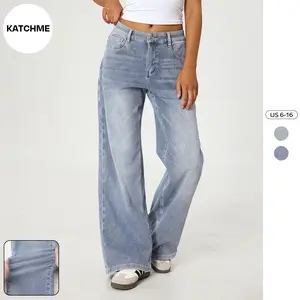 KatchMe Women's Leisure Low-Rise Stretch Multi-Pocket Wide Leg Jeans, Versatile Women's Bottom for Daily Wear Outdoor, Street Trousers, Cozy Womenswear（CN）