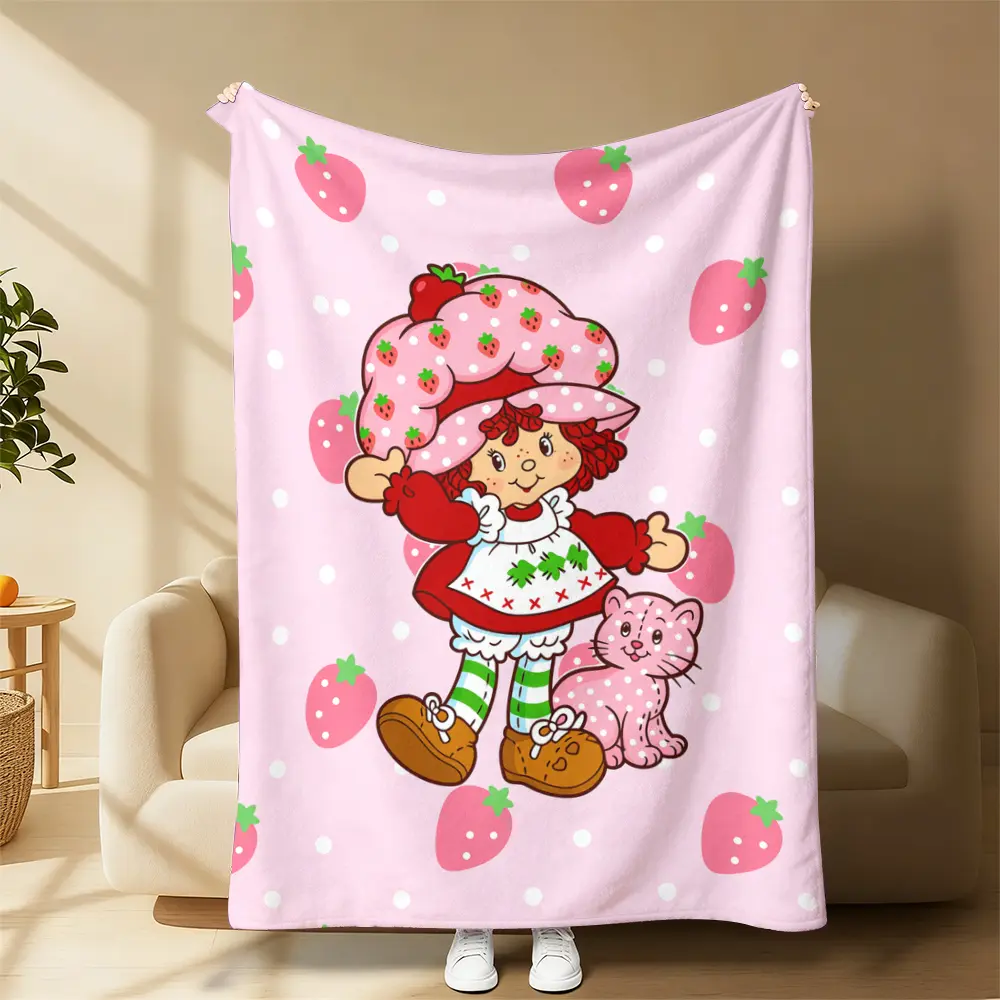 Cozy Aesthetic Flannel Throw Blanket - Pink Strawberry Shortcake, Custard Cat, Polka Dot Fruit Cartoon Prints, 90s Retro Anime Fan Gift, Skin-Friendly, Lightweight for Home Office Bed, Strawberry Theme Decor