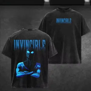 Heavy Cotton Distressed Vintage Wash Graphic T Shirt Invincible Double Side Gradient Blue Word Omni Man Superhero Cartoon Art Print Relaxed Short Sleeve Tee Mens Superhero Street Style Daily Outdoor Meet Casual Fan Outfit